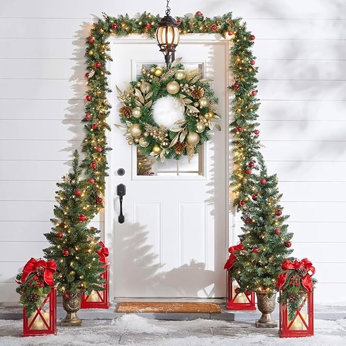 24 inch Christmas Door Wreath, Pine Wreaths for Front Door with Golden Ball Glittered Leaf Spray Stems Pinecones Berries for Fireplace Xmas Decorations, Wall Window Indoor Outdoor Decor