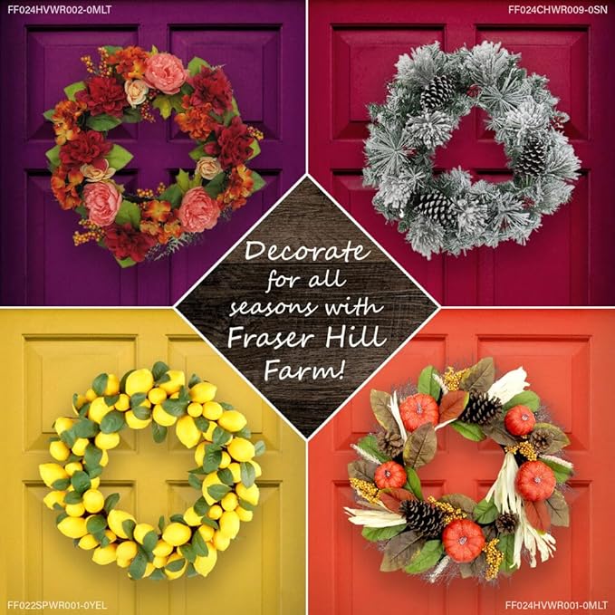 Fraser Hill Farm 24-inch Flocked Christmas Wreath with Pinecones and White LED Lights, Battery Operated Artificial Holiday Hanging Decoration for Door, Wall, Mantel