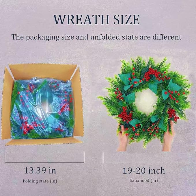 20 Inch Christmas Wreath for Front Door,Artificial Pine Wood with Berry, Suitable for Home, Party, Holiday, Thanksgiving, Christmas Decoration