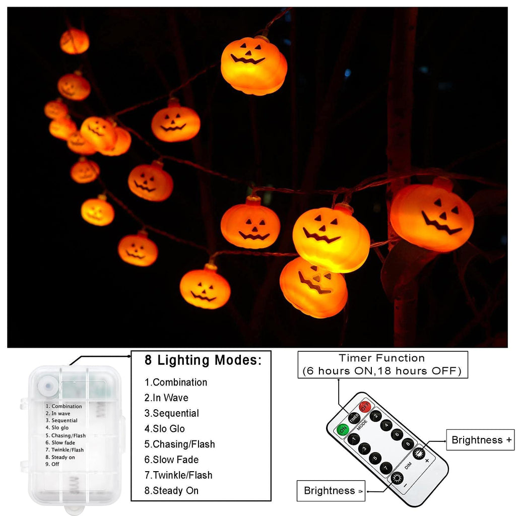 Runleo Halloween Decorations Pumpkin String Lights, 30 LED 16.4 FT 8 Modes Timer 3D Waterproof Orange Jack-O-Lantern Battery Operated Decorative Twinkle Lights for Indoor Bedroom Camper Party Decor