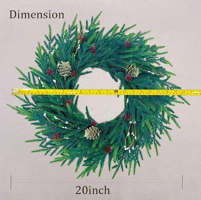 20 Inch Christmas Wreath for Front Door, Artificial Realistic Green Pine with Gold Pinecone, Door Wall Window Fireplace Party Decor