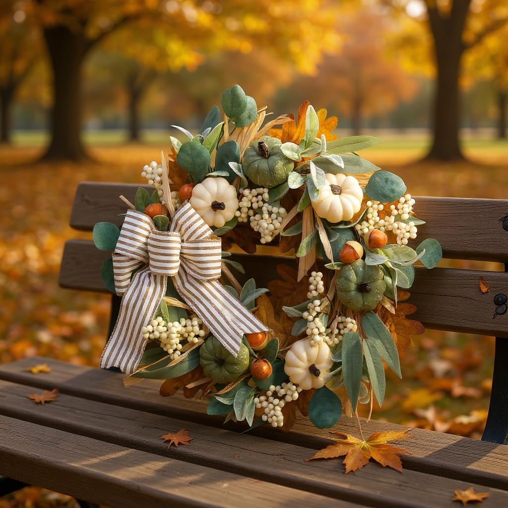 22in Fall Wreaths for Front Door, Large Autumn Door Wreath with Bow Pumpkin Autumn Wreath Decorations, Artificial Leaves Wreaths for Indoor Outdoor Home Porch Thanksgiving Farmhouse
