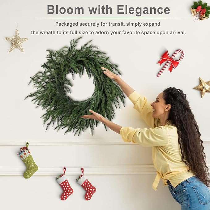 Artgar 24 Inch Christmas Pine Wreath Christmas Wreaths for Front Door, Real Touch Artificial Green Pine Wreath for Home Indoor Outdoor Wall Window Porch Farmhouse Winter Decor