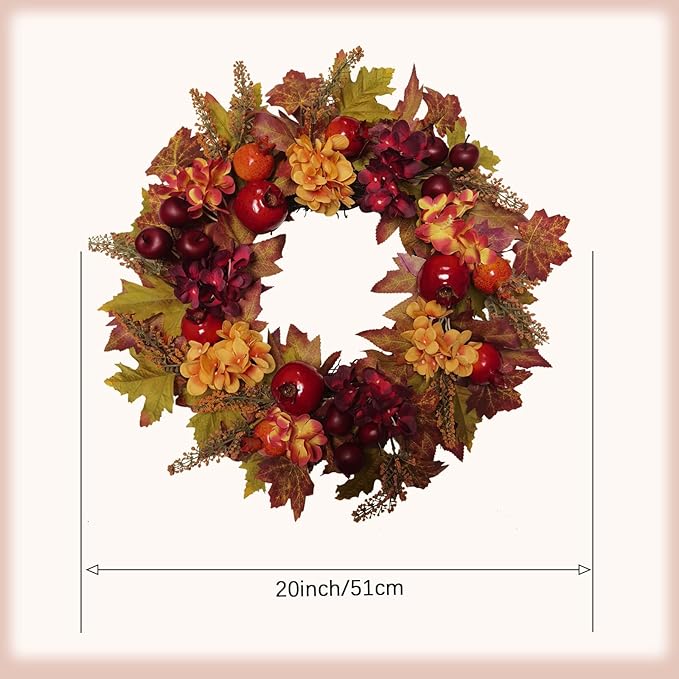 20 Inch Autumn Wreaths for Front Door Fall Wreaths for Thanksgiving & Halloween & Harvest Festival Indoor/Outdoor Fall Decorations with Apples Pomegranates Maple Leaves