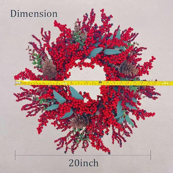 20 Inch Christmas Wreath for Front Door, Artificial Berry with Pinecone, Artificial Red Berry Flower Garlands, Used for Window, Wall, Porch, and Other Indoor and Out Door Home Decorations