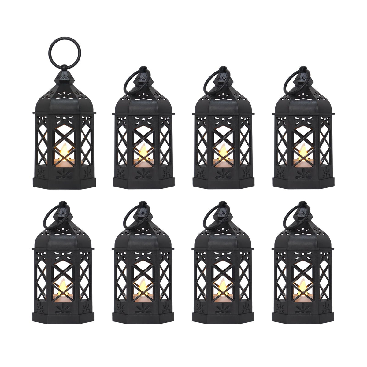 LLQ (8Pack-5Inch) Mini Lantern with Flickering LED Candle for Table Centerpiece, Black Halloween Decorations, Small Hanging Decorative Lantern for Wedding Christmas, Fall Garden Party Decor for Home