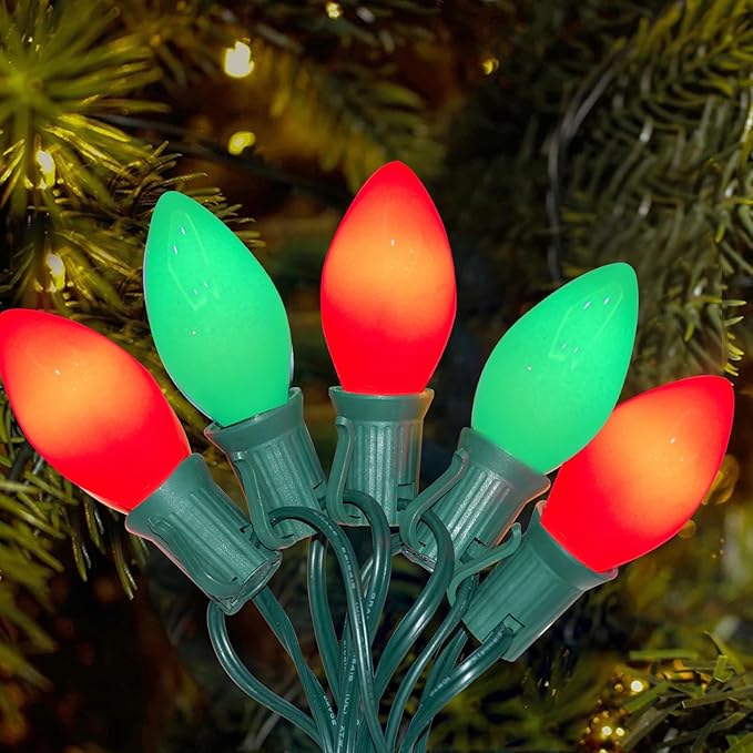 C7 LED Christmas Lights, 25Ft Outdoor Multicolor String Lights with 27 Red Green LED Bulbs, Connectable Indoor Outdoor Christmas String Lights for Tree Backyard Porch Party Holiday Decor-Red & Green