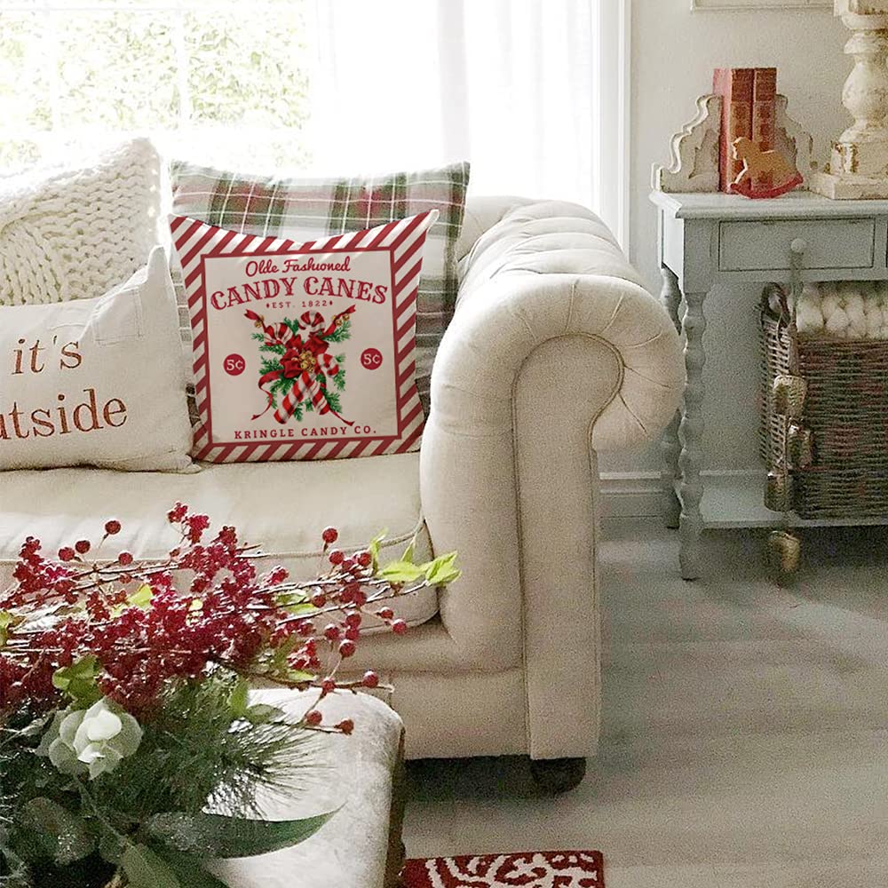 PANDICORN Vintage Christmas Pillow Covers 20x20 Set of 4 for Christmas Decorations, Red Santa Trees Candy Cane Sleigh Rides Reindeer Rustic Country Holiday Decor Throw Pillows Cases