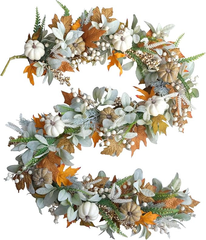 Thanksgiving Fall Wreath, Eucalyptus Berries Pumpkins Lamb Ears Leaves Autumn Wreaths for Front Door, Fall Decor, Porch Wall, Home Outdoor Holiday Decorations (Pumpkin Garland)