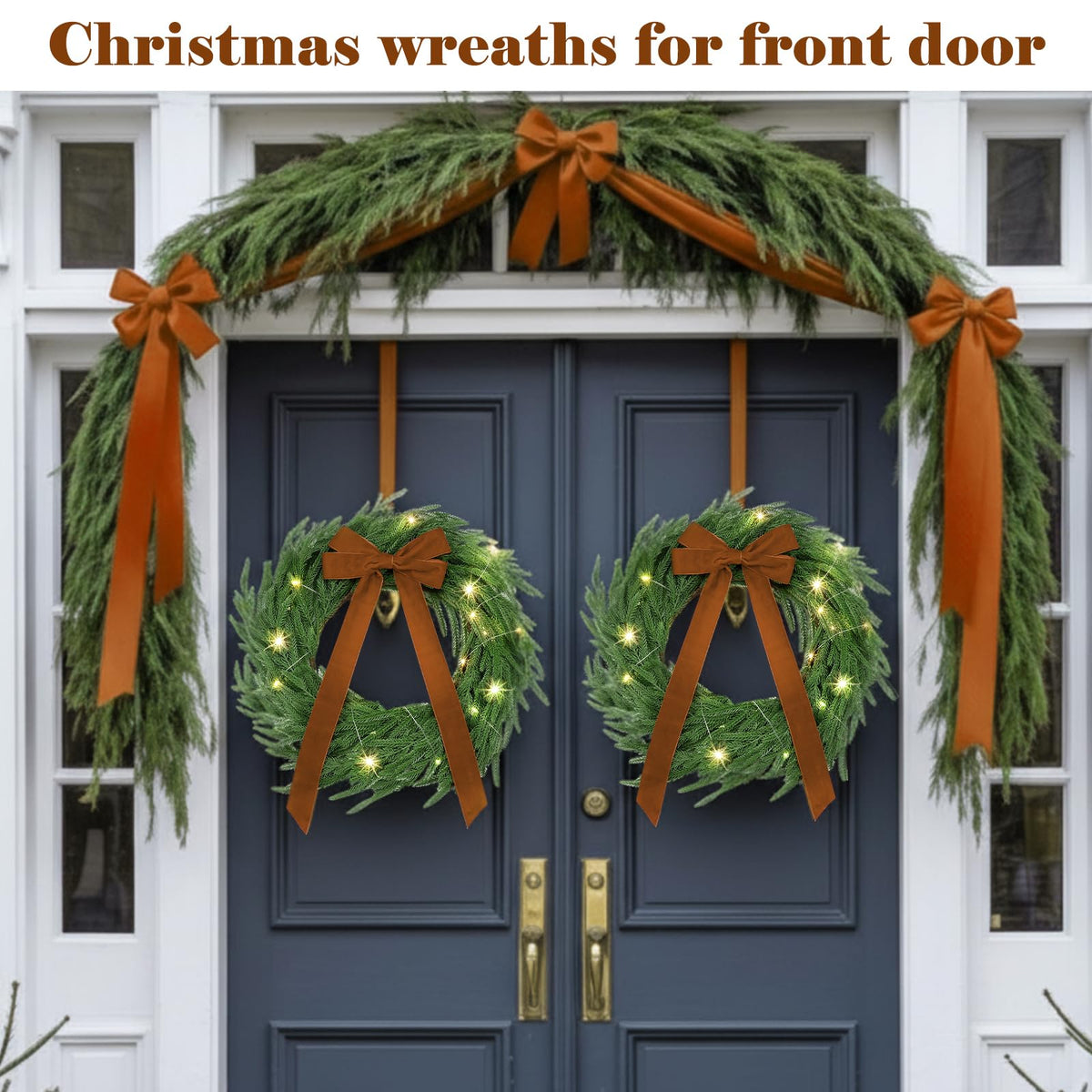 Daifunli 2 Pack 20 Inch Light up Christmas Norfolk Pine Wreaths with Khaki Bows Artificial Realistic Green Wreath with Pre-lit LED for Front Door Wall Mantle Outdoor Xmas Windows Porch Decor