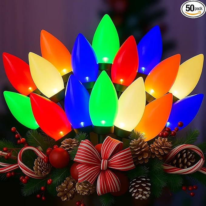 LED Christmas Lights Outdoor, 26FT 50 Count Multicolor C9 String Lights, Energy-Saving Vintage Christmas Lights, Connectable Plug-in Outside Colored Christmas Tree Lights for House Decorations