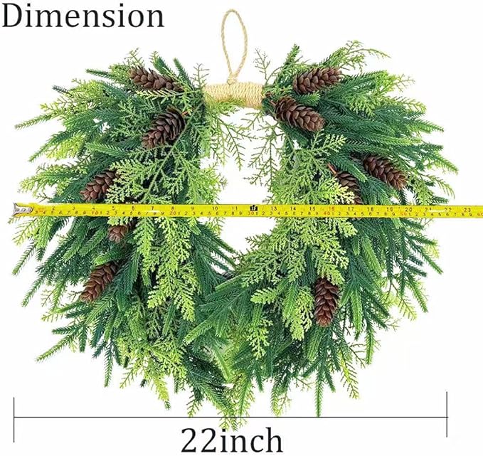 20 inch Christmas Wreath for Front Door- Indoor and Outdoor, Artificial Christmas Wreath Decorated with Pine Cones and Cypress Trees, Rural Farmhouse Holiday Wreath Decoration