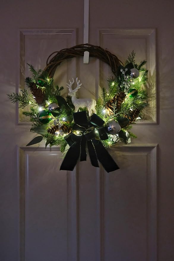 28" Lighted Christmas Wreath for Front Door, Handmade with Pinecones Ornaments Deer Bow, Christmas Wreath Decoration for Home Door Porch Wall Indoor Outdoor