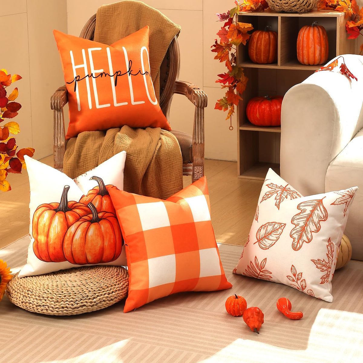 TOYPOPOR Fall Decorations for Home, 4 Packs Double Sided Throw Pillow Covers, Buffalo Plaid Thanksgiving Front Porch Farmhouse Cushion Cases Indoor Outdoor Autumn Decor for Couch, Living Room 20x20