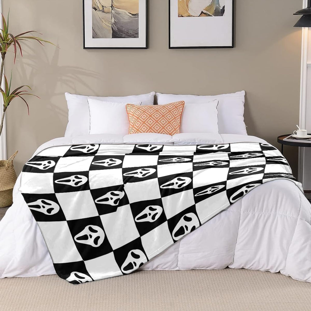 YWZDS Spooky Face Throw Blanket, Black and White Checkered Pattern, Halloween Ghost Blankets Fuzzy Gifts for Sofa Couch Bedroom (40 * 50 inch)