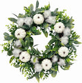 18 Inch Thanksgiving Fall Wreath for Front Door, Autumn Artificial Wreath with White Pumpkin, Cotton, Greenery Leaves for Farmhouse Home Window Wall Office Wedding Indoor Outdoor Decorations