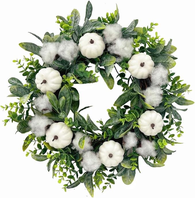 18 Inch Thanksgiving Fall Wreath for Front Door, Autumn Artificial Wreath with White Pumpkin, Cotton, Greenery Leaves for Farmhouse Home Window Wall Office Wedding Indoor Outdoor Decorations
