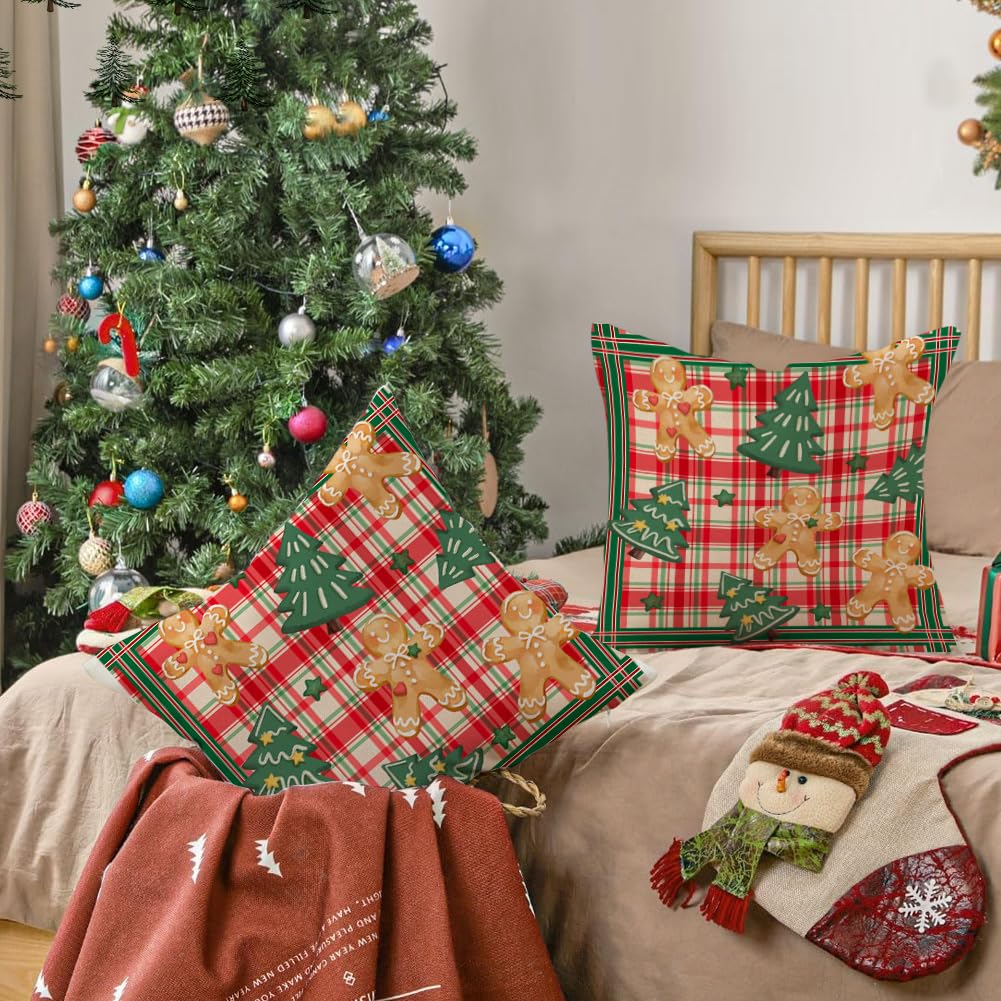 RABUSOFA Christmas Pillow Covers 20x20 Set of 2,Xmas Gingerbread Buffalo Plaid Cushion Case Farmhouse Decoration for Holiday Home Sofa Couch(Multicolor, 20" x 20" (Pack of 2))