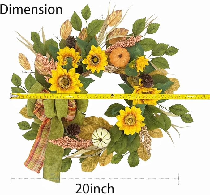 20 Inch Fall Wreath for Front Door, Sunflower Autumn Wreath with Pumpkins and Bow for Thanksgiving Farmhouse Home Window Wall Office Wedding Indoor Outdoor Decorations