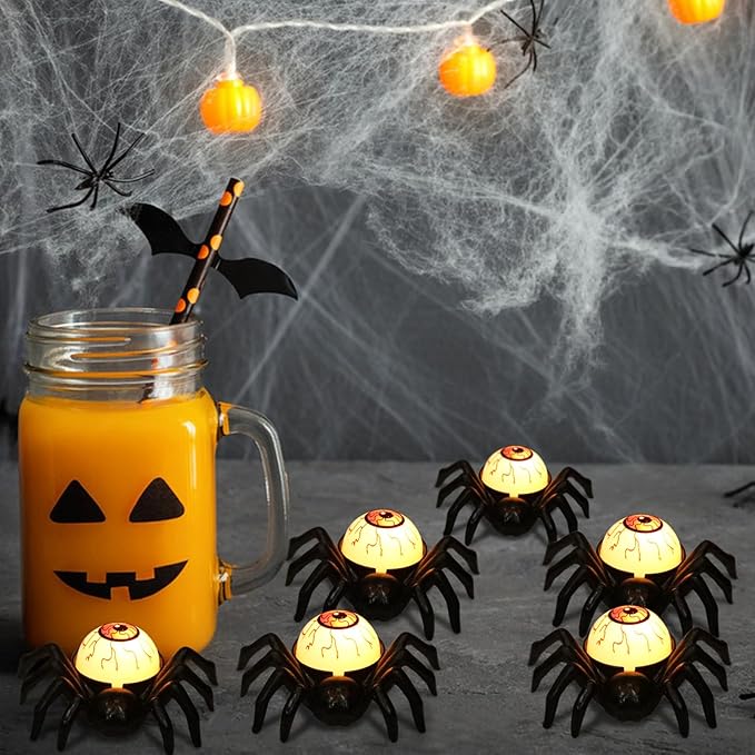 Halloween Decorations Tea Lights Candles with 6H Timer, 6 PCS Battery Operated LED Candle Spider Eyeballs Flameless Flickering Table Party Halloween Decor Indoor