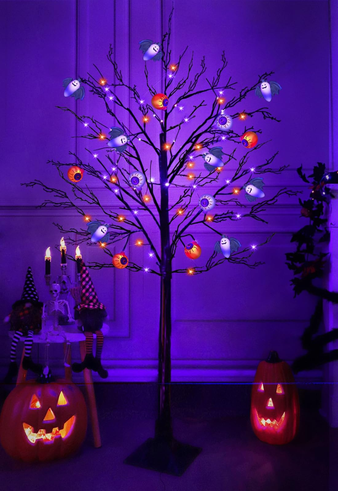 Timer - 5FT Orange & Purple Black Halloween Tree with 64 LED & 8 Bats & 8 Eyeballs DIY Ornaments, Halloween Decorations Outdoor Black Spooky Trees for Indoor Home Yard Porch Holiday Party Lawns Decor