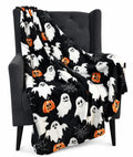 Halloween Fleece Throw Blanket: Jack O Lantern Pumpkins White Ghosts and Spiderwebs on Soft Black Velvet for Sofa, Couch, Chairs and Bed, 50" x 70"