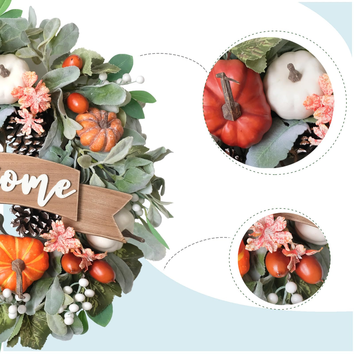 22 Inch Fall Pumpkin Wreath for Front Door with Welcome Wood Sign, White Orange Pumpkin Pinecone Acorn Wreath for Indoor and Outdoor, Autumn Door Decor