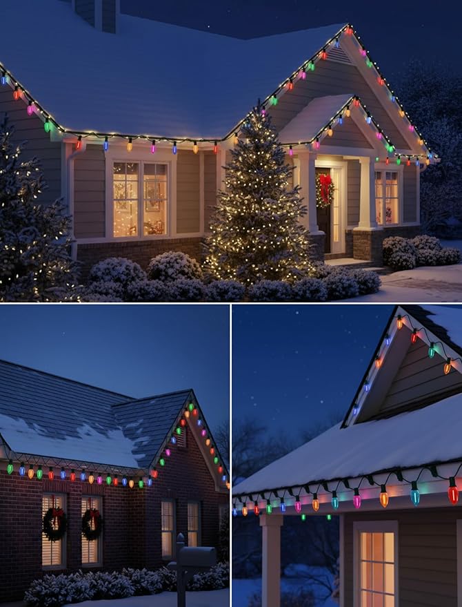 C9 LED Christmas Lights Outdoor,25FT Multicolored Christmas Lights with 26 Colorful Clear Multicolor LED Bulbs,Connectable Old Fashioned Xmas light for Garden Patio Xmas Tree Party Home Decor