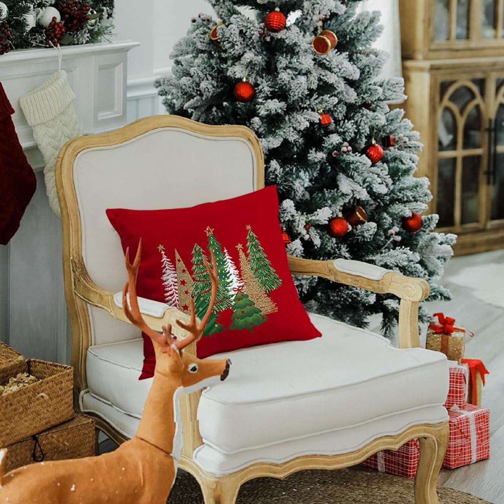 RABUSOFA Christmas Pillow Covers 18x18 Inch Tree Decorations Red Velvet Throw Pillow Cases Xmas Christmas Decor Winter Decorative Pillows for Couch Holiday Soft Gold