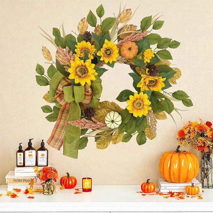20 Inch Fall Wreath for Front Door, Sunflower Autumn Wreath with Pumpkins and Bow for Thanksgiving Farmhouse Home Window Wall Office Wedding Indoor Outdoor Decorations