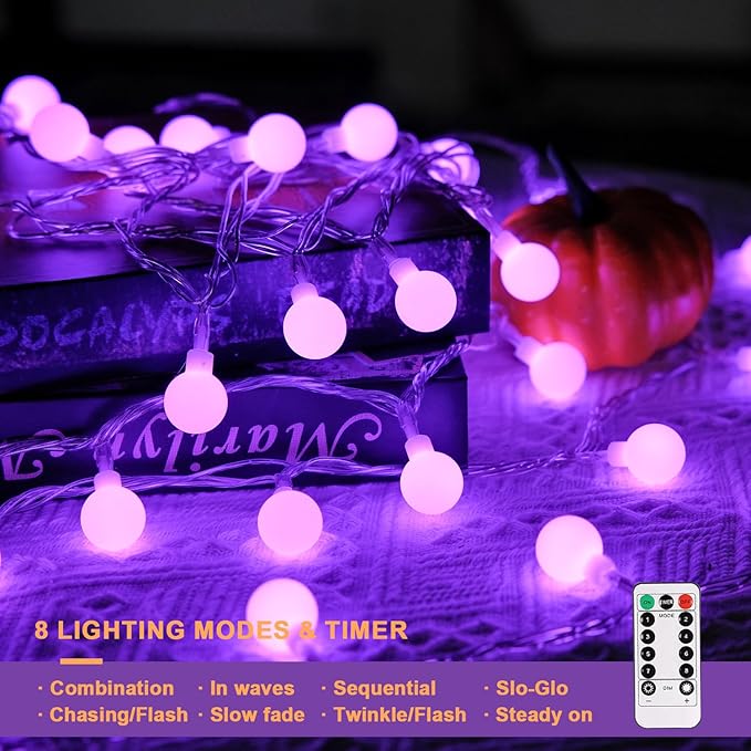 JMEXSUSS Purple Halloween Lights, 33ft with 8 Modes Remote, 100 LED Globe String Lights Outdoor Battery Operated for Halloween Bedroom Party Christmas Decor