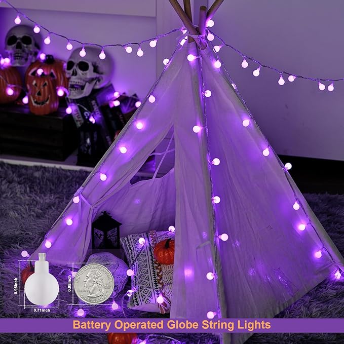 JMEXSUSS Purple Halloween Lights, 33ft with 8 Modes Remote, 100 LED Globe String Lights Outdoor Battery Operated for Halloween Bedroom Party Christmas Decor