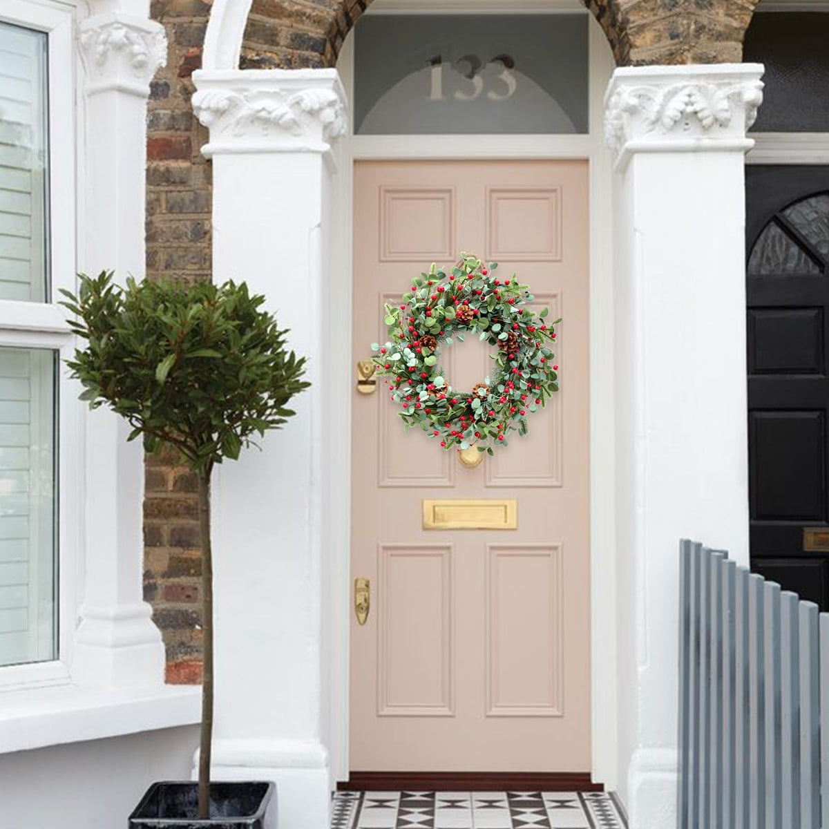Idyllic Christmas Wreath for Front Door,20" Winter Wreath with Pine Cones Red Berries and Eucalyptus, Winter Decorations for Everyday Farmhouse Window Outdoor/Indoor