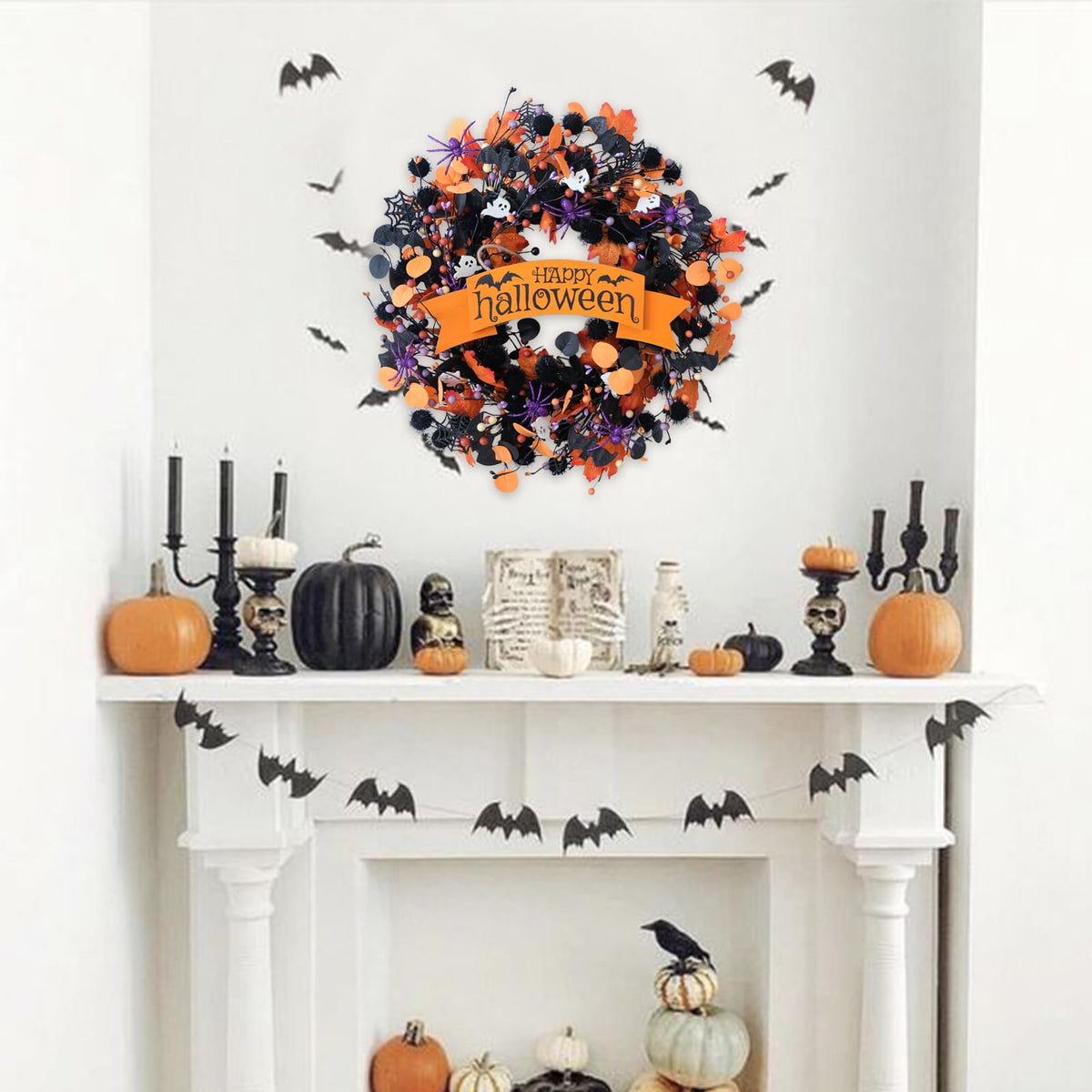 22 Inch Halloween Orange Black Boxwood Wreath with Ghost Spider for Front Door, Soft Touch Boxwood Berries Wreath for Indoor Outdoor, Happy Halloween Sign Wreaths for Home Decor