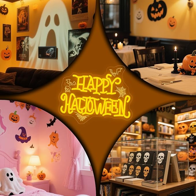 HAPPY HALLOWEEN Neon Sign, Bright Yellow LED Wall Light with Bats, Spider Webs & Skull, Halloween Party Decoration for Home, Bar, Dorm, Spooky Décor