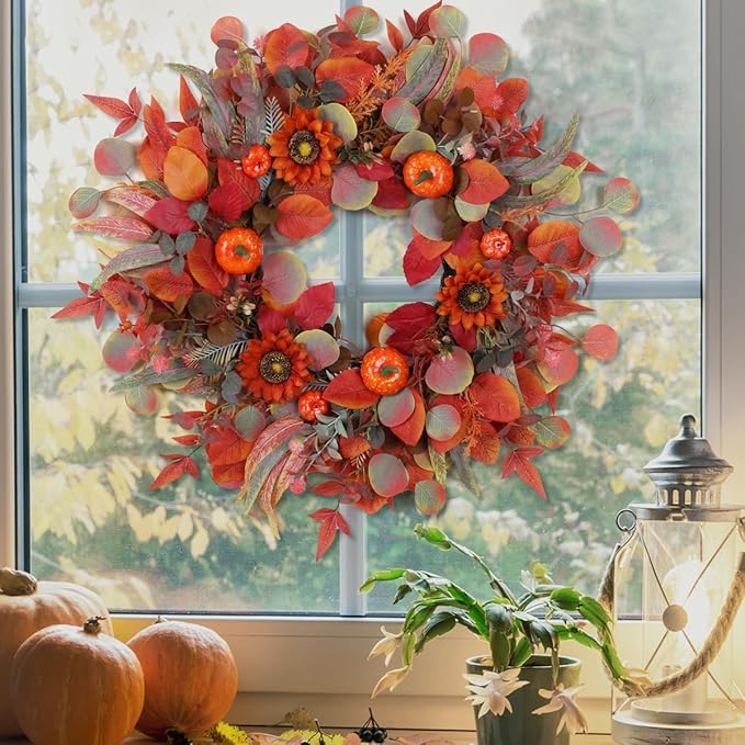 Pumpkin Fall Wreaths, Sunflower Wreaths for Front Door Natural Fall Wreath 24 Inch Handmade Fall Door Wreath for Wall Farmhouse Thanksgiving Door Decorations Halloween Holiday Home Decor