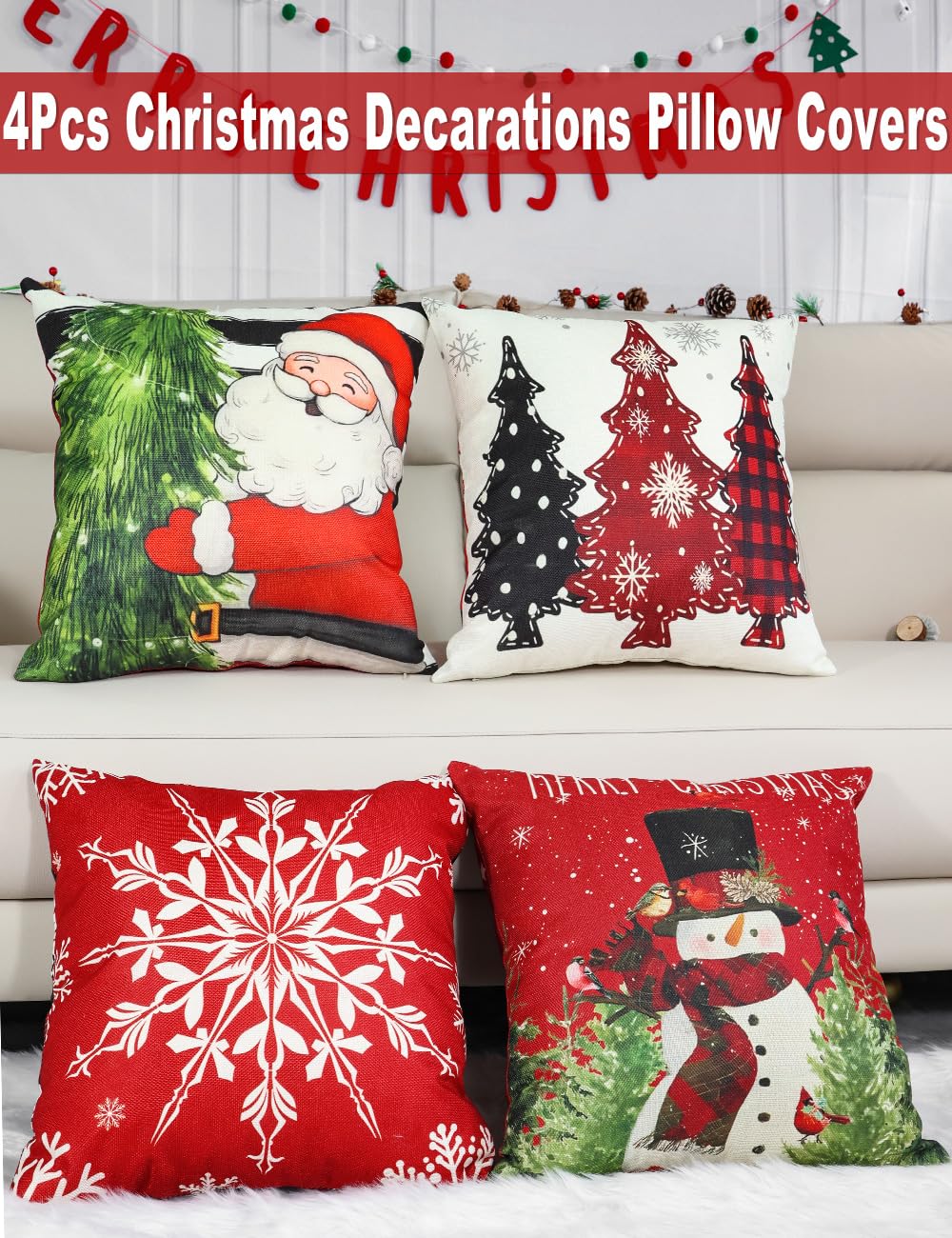 Double-Sided Print Christmas Pillow Covers 18''x18'', Set of 4, 8 Christmas Patterns Christmas Tree, Snowman, Snowflakes, Merry Christmas, Deer, Santa Claus,Truck, Let It Snow, Soft Linen Material