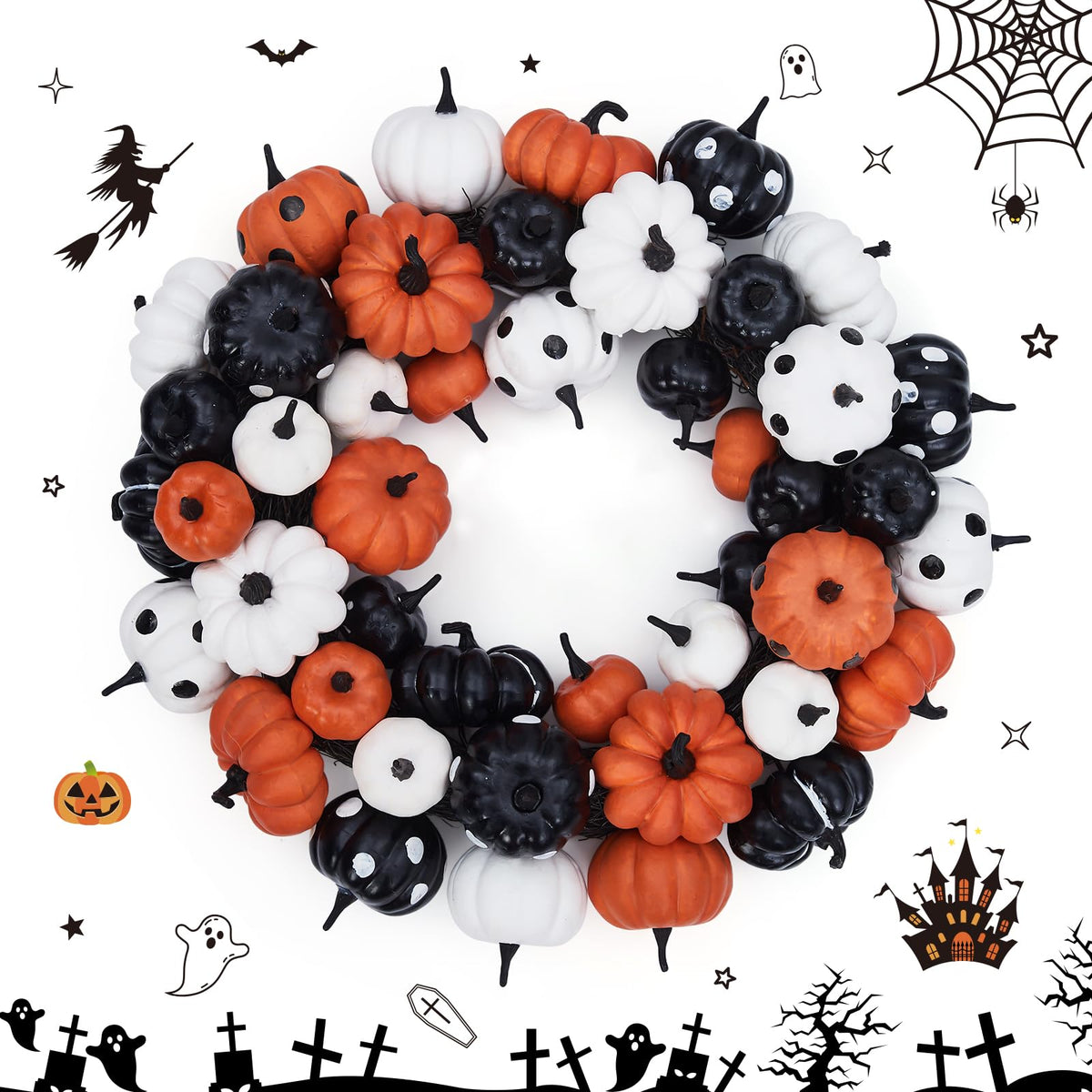 GarveeHome 18 Inch Halloween Fall Wreath for Front Door, Black Orange White Artificial Pumpkin Wreath for Fall and Halloween Indoor Outdoor Home Party Decor