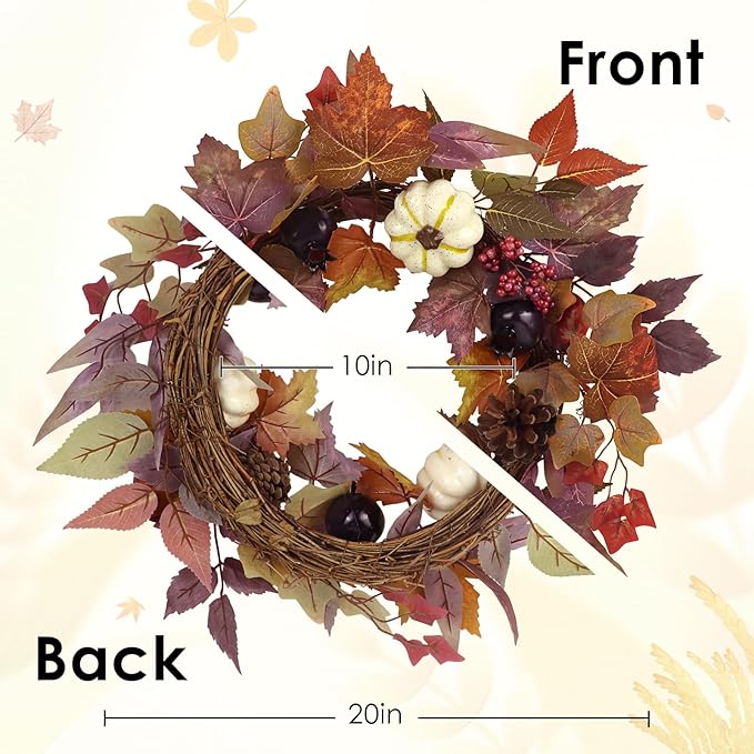 Fall Wreaths for Front Door Outside Decor, 20" Berries Brown Maple Leaves Pumpkins Wreath Decorations with Bow and Hanging Sign for Thanksgiving Home Outdoor Indoor Porch Harvest Autumn