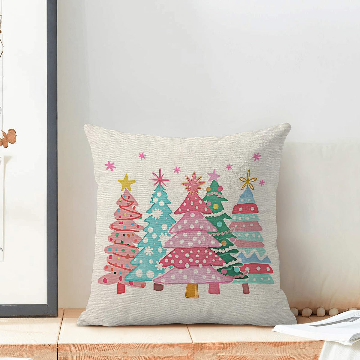 Pink Christmas Pillow Covers 18 x 18 Inch Set of 2 Colorful Christmas Tree Throw Pillows Outdoor Decorative Pink Blue Green Xmas Tree Winter Pillowcases Linen Cushion Cases for Home Bed Sofa Couch
