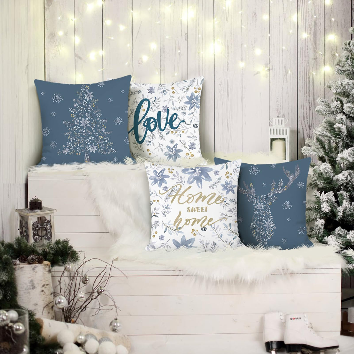 Bonhause Winter Throw Pillow Covers 18 x 18 Inch Home Sweet Home Snowflake Xmas Tree Deer Blue Grey Christmas Decorations Pillows for Sofa Couch Winter Decor Set of 4