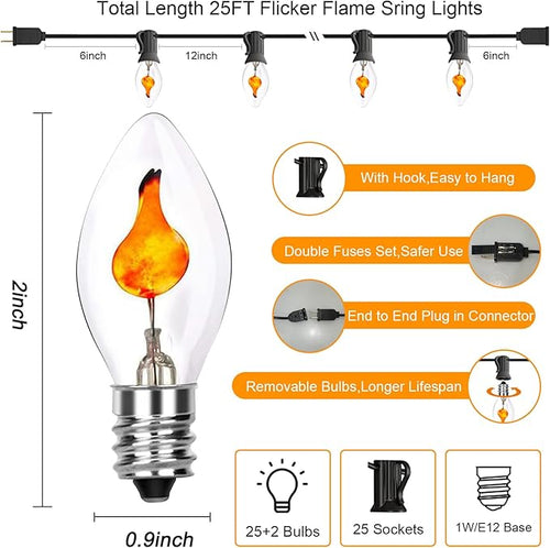 25Ft Halloween Flickering Flame Lights, C7 Orange Halloween Decoration with 27 Clear Flame Bulbs, Waterproof Connectable Patio Lights for Christmas Indoor Outdoor Decor, E12 Candelabra Base