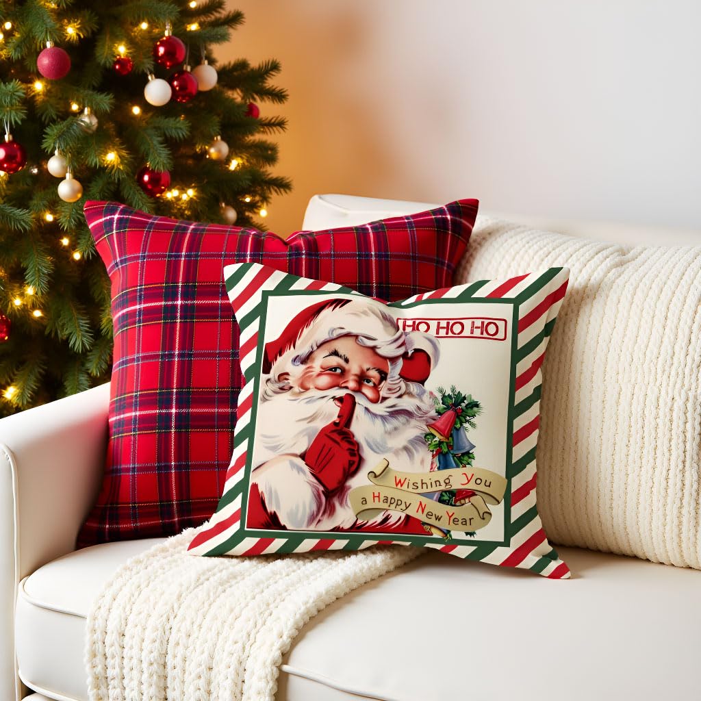 PANDICORN Christmas Pillow Covers 18x18 Set of 4, Vintage Christmas Decor, Holiday Red Green Striped Candy Cane Santa Sleigh Rides Reindeer Xmas Tree Cushion Cases Decoration for Home Sofa Couch