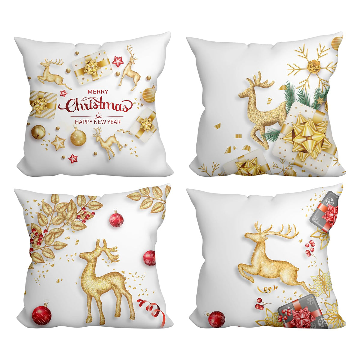 WSZBDY Christmas Throw Pillow Covers White Gold Snowflake Reindeer Christmas Decorations 18X18 inch Set of 4 Winter Christmas Indoor Home Holiday Ornaments Short Push Cushion for Sofa Tree
