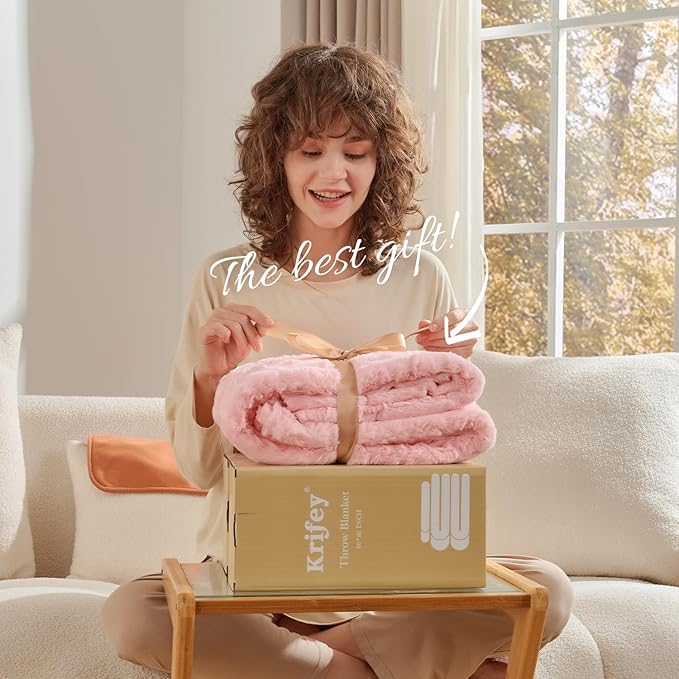 Krifey Pink Faux Fur Blanket for Bed, 3D Marble Texture Soft Cozy Fuzzy Plush Thick Warm Blanket, Faux Rabbit Fleece, Christmas Birthday Gifts for her Girls Women Mom, Cute Pink, 60x80in