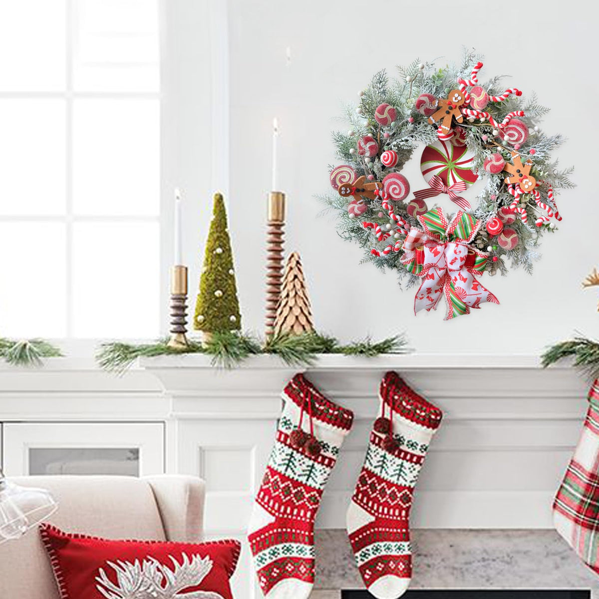 Egolot 24 Inch Winter Christmas Candy Cane Wreath for Front Door, Christmas Red White Xmas Indoor Outdoor Candy Gingerbread Wreath, Holiday Wreaths for Window Wall