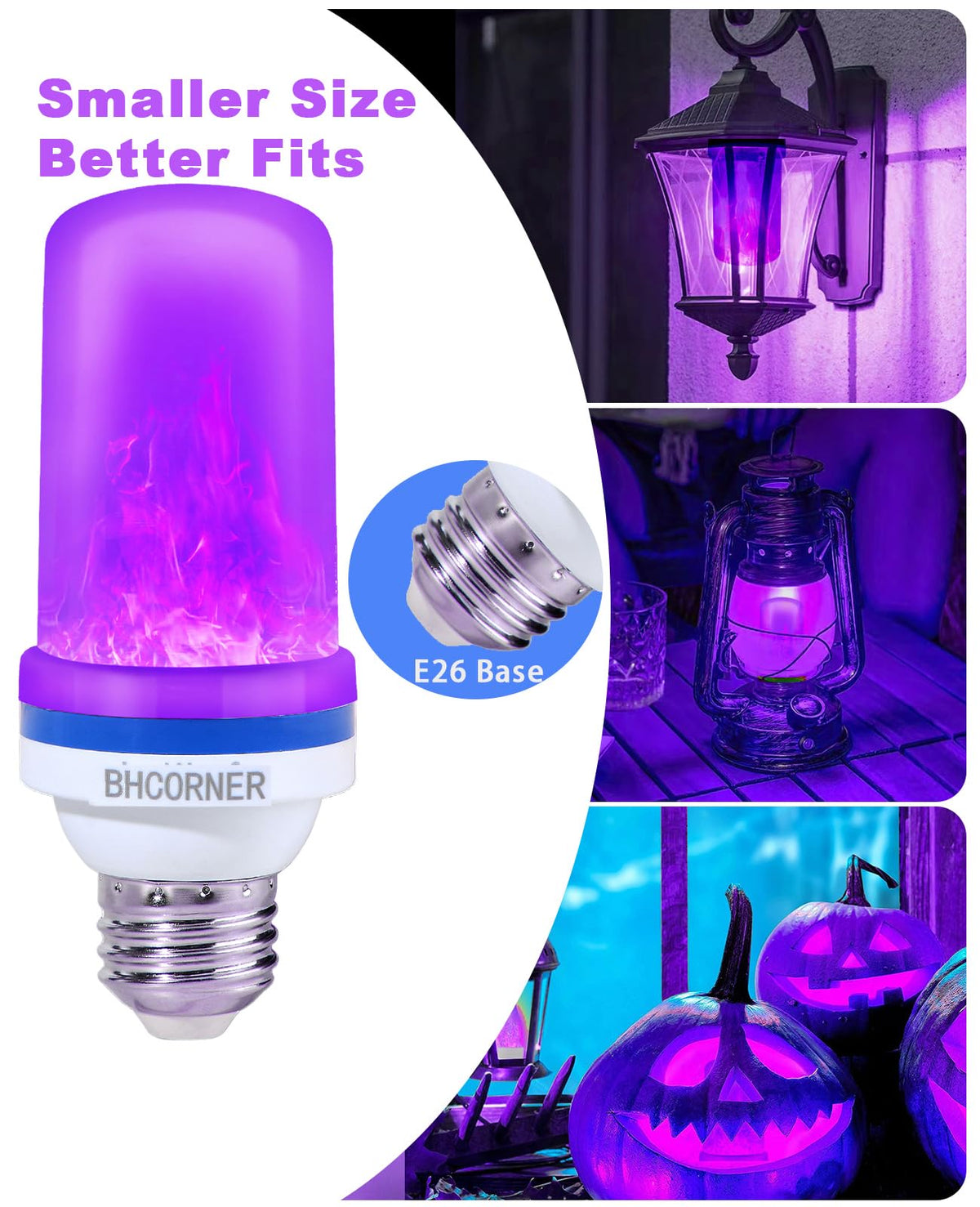 BHCORNER [Smaller Size] LED Purple Flame Light Bulbs - Halloween Flickering Light Bulb with Gravity Sensing Effect, E27 Base Christmas Purple Light Bulbs Outdoor, 3W Vintage Flame Bulb (2 Pack)