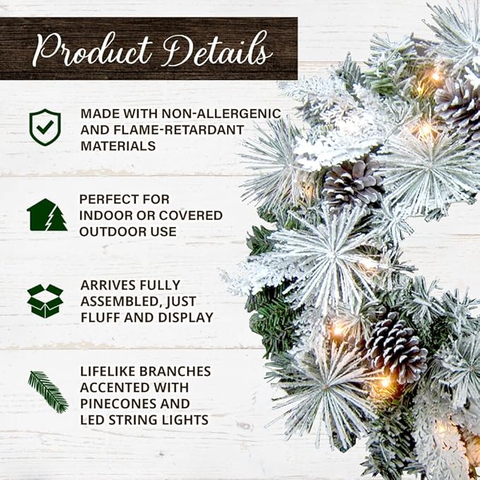 Fraser Hill Farm 24-inch Flocked Christmas Wreath with Pinecones and White LED Lights, Battery Operated Artificial Holiday Hanging Decoration for Door, Wall, Mantel