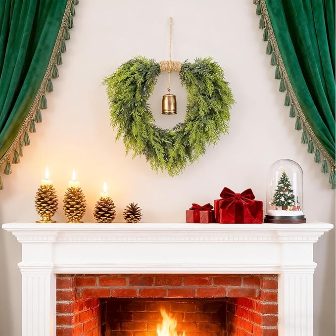 Real Touch Artificial Cedar Wreath 20" with Bell Fake Christmas Wreaths for Front Door Faux Pine Greenery Heart Wreaths for Home,Window,Table,Mantle,Wall,Indoor,Outdoor Xmas Decorations