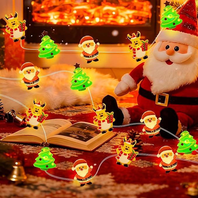 pozzolanas Christmas Fairy Lights, LED Christmas Tree Santa Claus Snowman Moose Lights Decoration, Waterproof Battery Powered Indoor Outdoor Decoration String Lights - 1Pack
